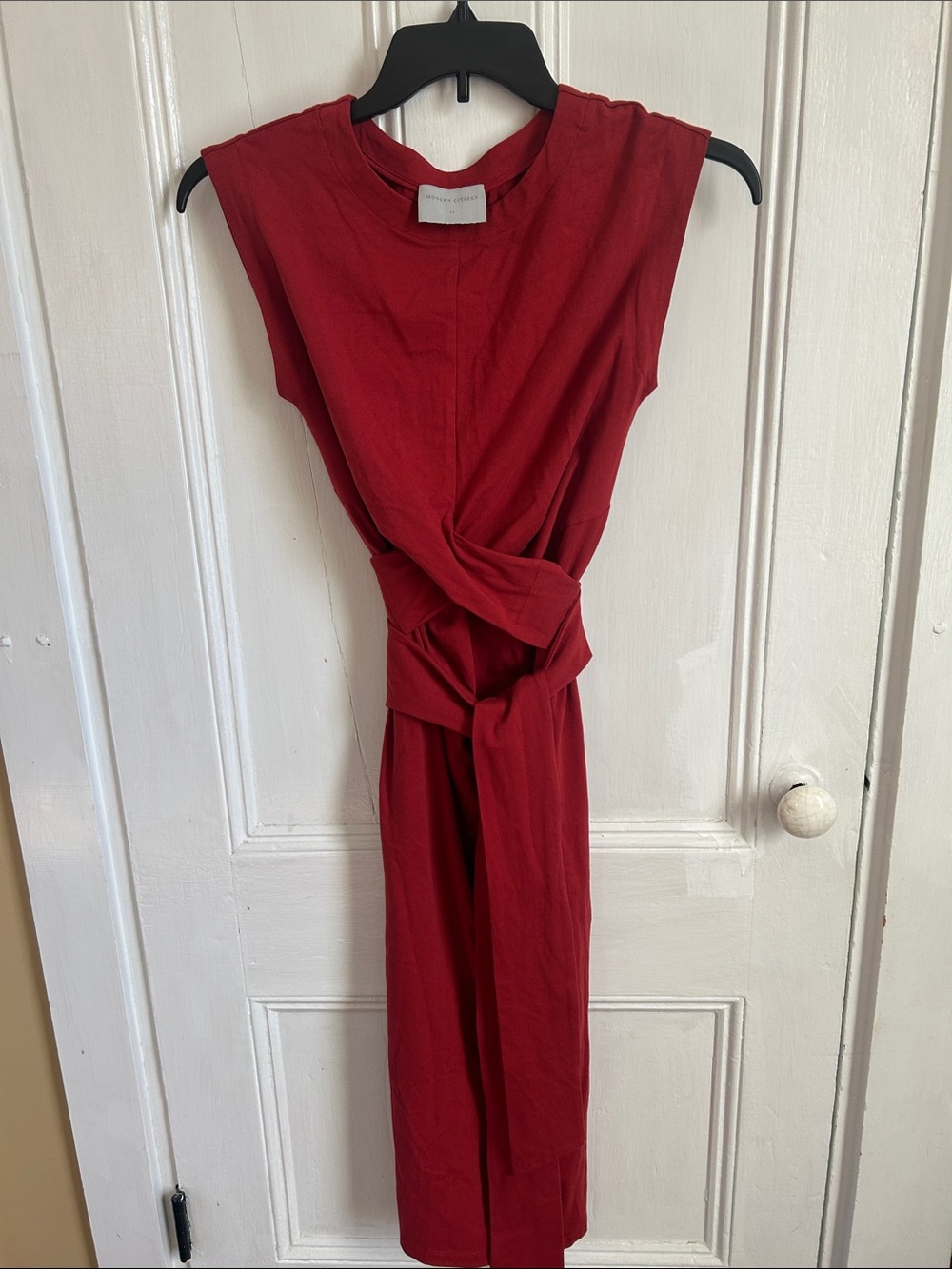 Modern Citizen Fei Tie Front Organic Cotton Midi Dress in Red